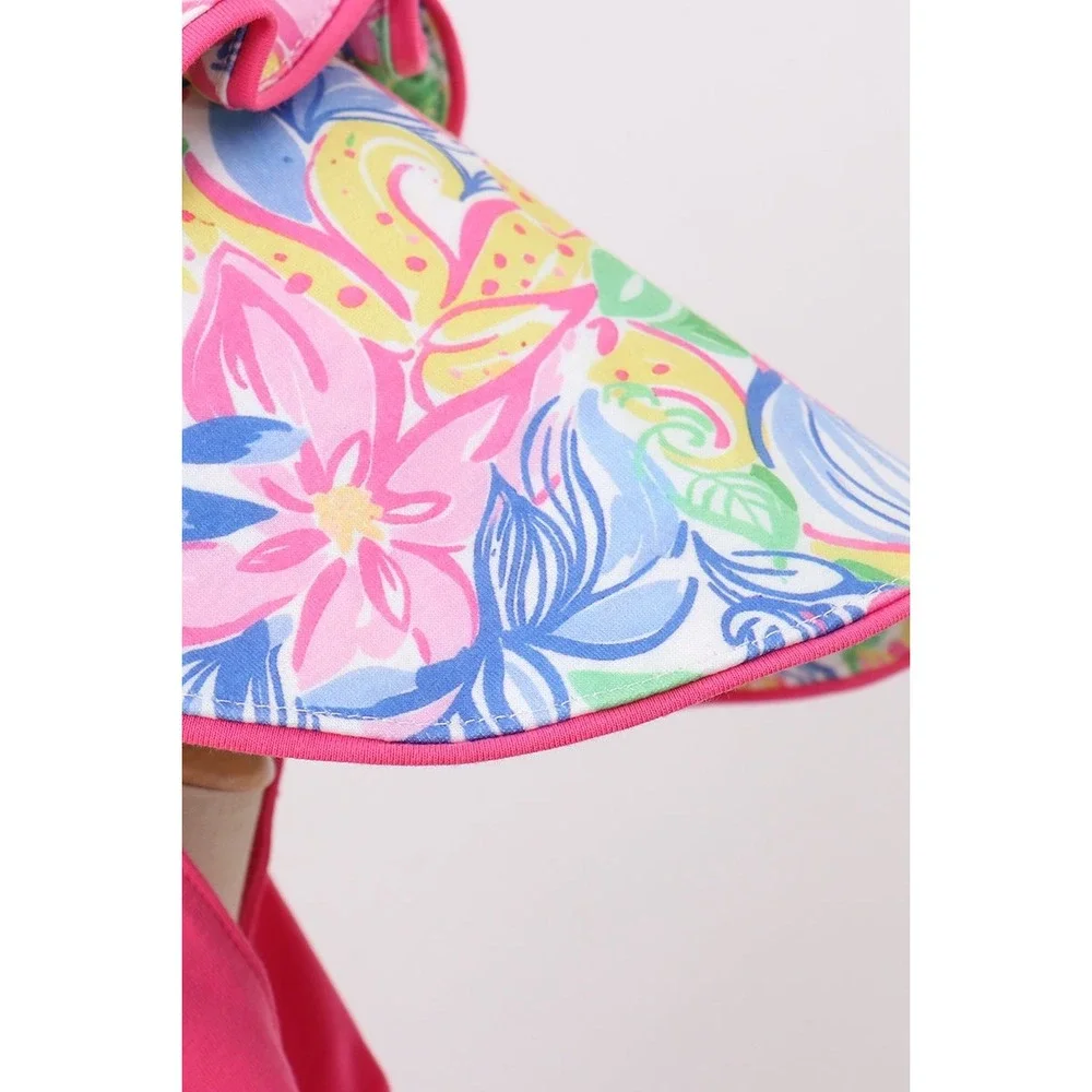 Tropical Floral Ruffle Bonnet Wide Brim Pink Bow Tie Summer Beach Infant Small